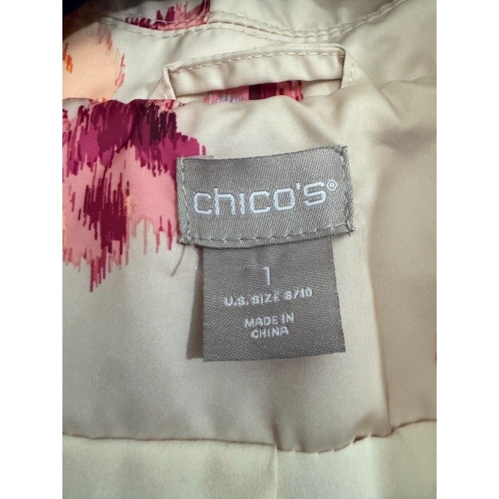 Chicos Trench Coat Womens 1 MEDIUM Floral Pockets Detachable Hoodie Button Front - Picture 11 of 13